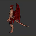 Red Winged Bat With Horns And Muscular Body Standing On Dark Surface