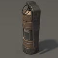 Military Weapon Grenade With Brown Body Yellow Caution Label And Metal Ring Handle