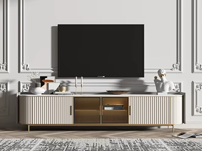 Modern TV Stand With Vertical Stripe Design On White Decorative Wall With Decorative Items 3d model
