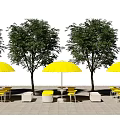 Outdoor Landscape Seating With Yellow Umbrellas Green Trees And White Tables In Leisure Area