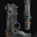 Futuristic Tactical Handgun With Black Mechanical Design Orange Accents And Ergonomic Grip