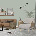 Brown Sofa And Coffee Table Set With White Armchair Light Green Wall And Potted Plant