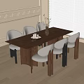 Modern Dining Table And Chair Set Interior With Brown Wooden Top And White Chairs