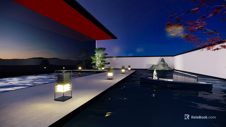 Serene Oriental Garden Landscape With Red Roof Pond Lanterns And Mountain View At Night 3d model 