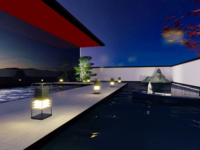 Serene Oriental Garden Landscape With Red Roof Pond Lanterns And Mountain View At Night 3d model