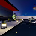 Serene Oriental Garden Landscape With Red Roof Pond Lanterns And Mountain View At Night