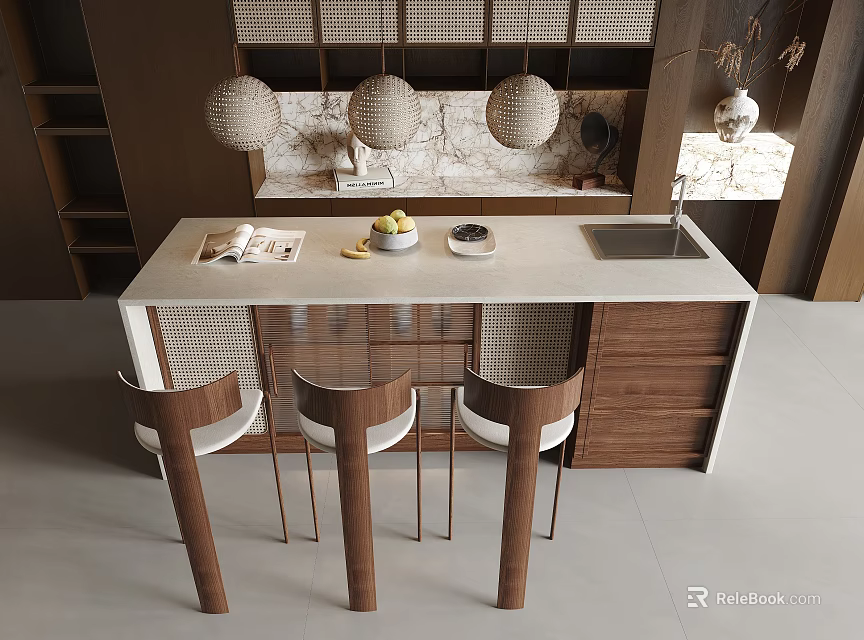 Modern Bar Counter With Marble Top Three Wooden Bar Stools And Pendant Lights 3d model 