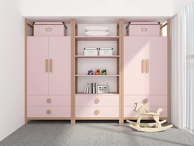 Pink Wooden Wardrobe in Kids Room with Shelf Storage Boxes and Rocking Horse Toys 3d model
