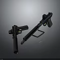 Two Modern Firearms with Blue Metallic Accents Black Grips and Yellow Detail Design
