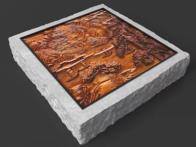 Decorative Ornament Set with Wooden Carving Landscape Design Square Shape and Stone Base 3d model