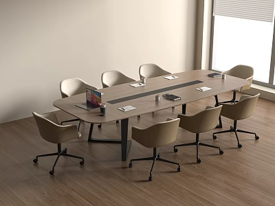 Modern Office Conference Table with Wooden Top Eight Ergonomic Beige Wheeled Chairs and Laptop Files 3d model