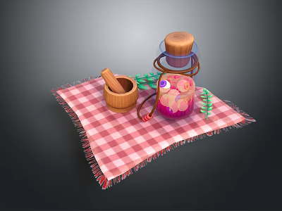 Household Living Supplies With Checkered Cloth Wooden Lid Bottle Bowl And Spoon 3d model