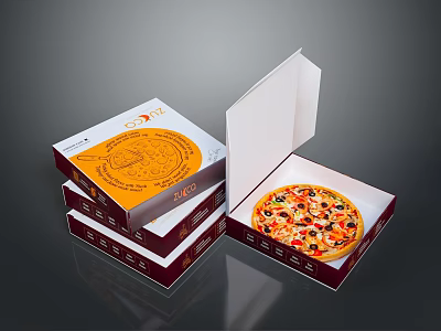 Delicious Pizza With Fresh Toppings In Open Box And Stacked Pizza Boxes 3d model