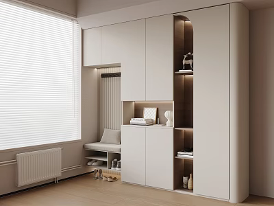 Modern White Built in Shoe Cabinet With Open Shelves Bench And Window Blinds 3d model