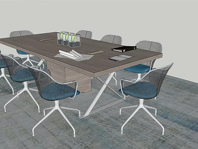 Modern Rectangular Conference Table With Blue Cushioned Chairs And Water Bottles Documents In Office 3d model