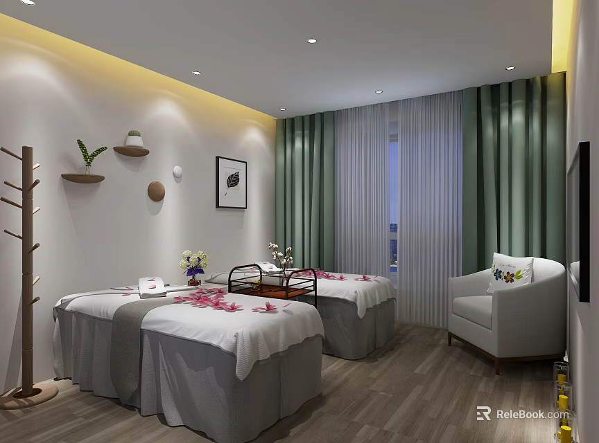 SPA Sauna Room With Massage Beds Flower Petals Green Curtains And Wooden Flooring 3d model 