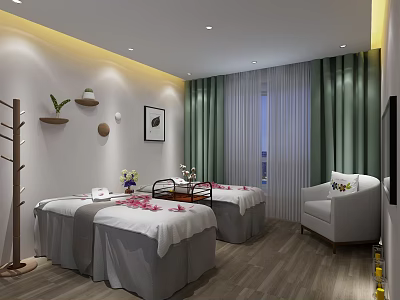 SPA Sauna Room With Massage Beds Flower Petals Green Curtains And Wooden Flooring 3d model
