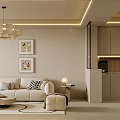 Modern Living and Dining Area with Chandelier White Cabinets Round Coffee Table and Decorative Rug