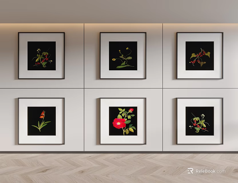 Six Floral Decorative Paintings With Black Frames On White Wall Interior 3d model 