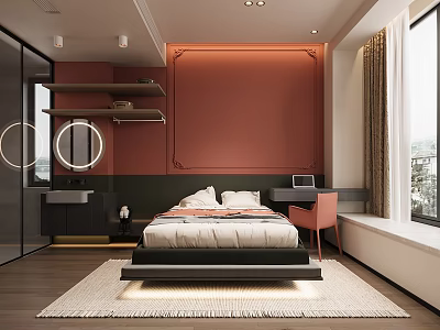 Modern Coral Bedroom Interior With Framed Accent Wall Platform Bed Wooden Floor And Area Rug 3d model