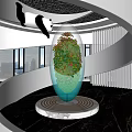 Modern Interior With Spiral Staircase Glass Vase Green Plants And Marble Base