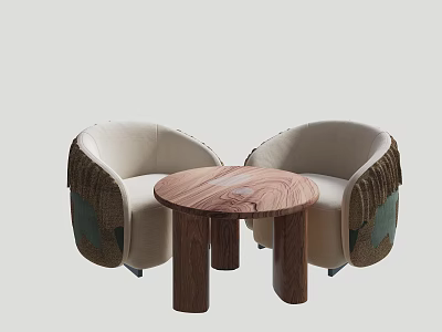 Beige Chairs and Round Wooden Table Set with Woven Design and Dark Legs 3d model