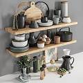 Modern Ceramic Kitchenware with Mugs Plates Bowls Teapot and Jars on Wooden Shelves