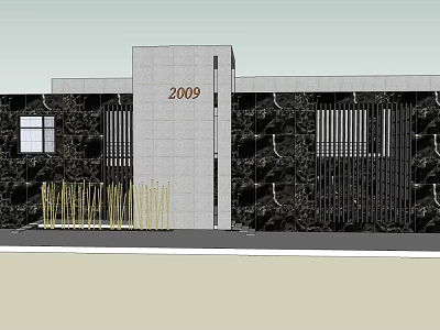 Modern Building Exterior With 2009 Marked Gray Column Green Plant Wall And Yellow Railings 3d model