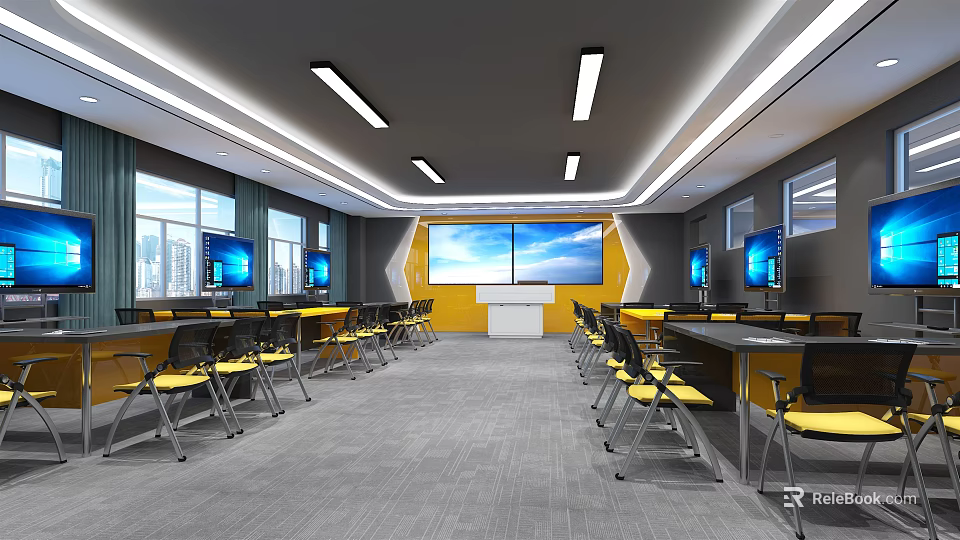 School Modern Classroom Interior With Yellow Chairs Black Desks Large Screens And Windows 3d model 