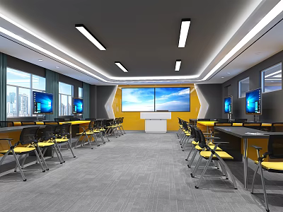 School Modern Classroom Interior With Yellow Chairs Black Desks Large Screens And Windows 3d model