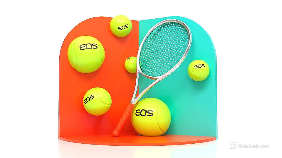 Orange Blue Themed Photo Spot Featuring EOS Tennis Balls And Racket 3d model 