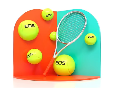 Orange Blue Themed Photo Spot Featuring EOS Tennis Balls And Racket 3d model