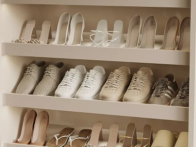 Various Types of Shoes Neatly Organized on White Shelf 3d model
