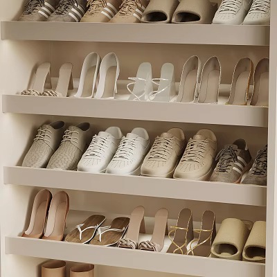 Various Types of Shoes Neatly Organized on White Shelf 3d model