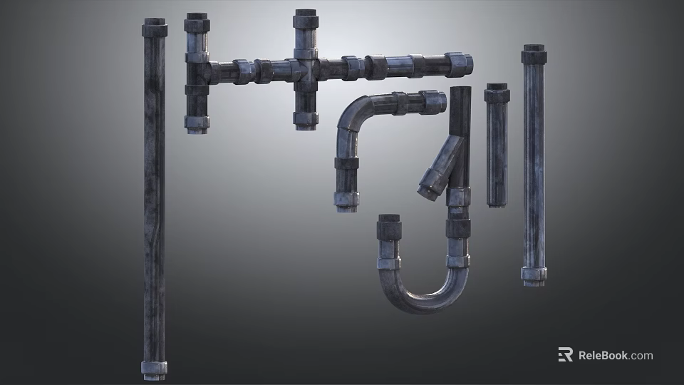 Various Rusty Metal Pipe Fittings Featuring Elbows Joints And Straight Tubes 3d model 
