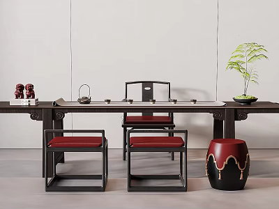 Modern Chinese Tea Table and Chairs with Red Cushioned Seats Tea Sets and Potted Plant 3d model
