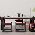 Modern Chinese Tea Table and Chairs with Red Cushioned Seats Tea Sets and Potted Plant