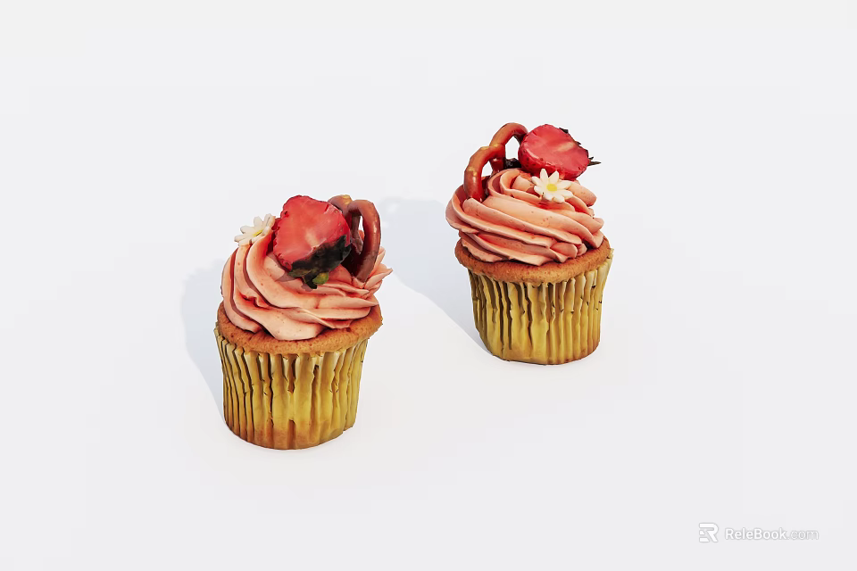 Delicious Homemade Cupcakes With Pink Frosting And Fresh Strawberry Toppings 3d model 