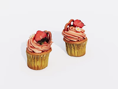 Delicious Homemade Cupcakes With Pink Frosting And Fresh Strawberry Toppings 3d model