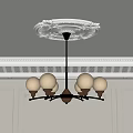 Stylish Chandelier With White Globe Shades Wooden Bases And Chrome Arms On Ornate Ceiling