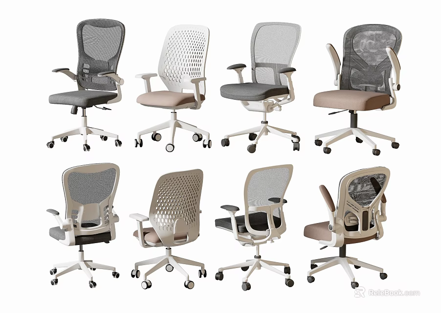 Ergonomic Office Chairs With Mesh Backrests Armrests Various Styles And Rolling Wheels 3d model