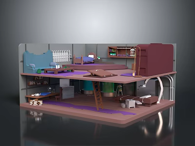 Playful Cartoon Scene of Layered Room with Blue Sofa Bookshelf Desk Ladder Table and Chair 3d model
