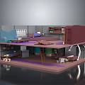 Playful Cartoon Scene of Layered Room with Blue Sofa Bookshelf Desk Ladder Table and Chair