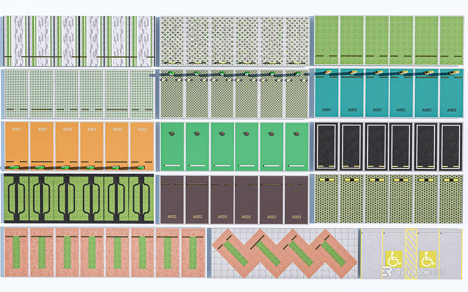 Colorful Parking Lot Design With Various Patterned Flooring And Colored Bay Layouts 3d model 