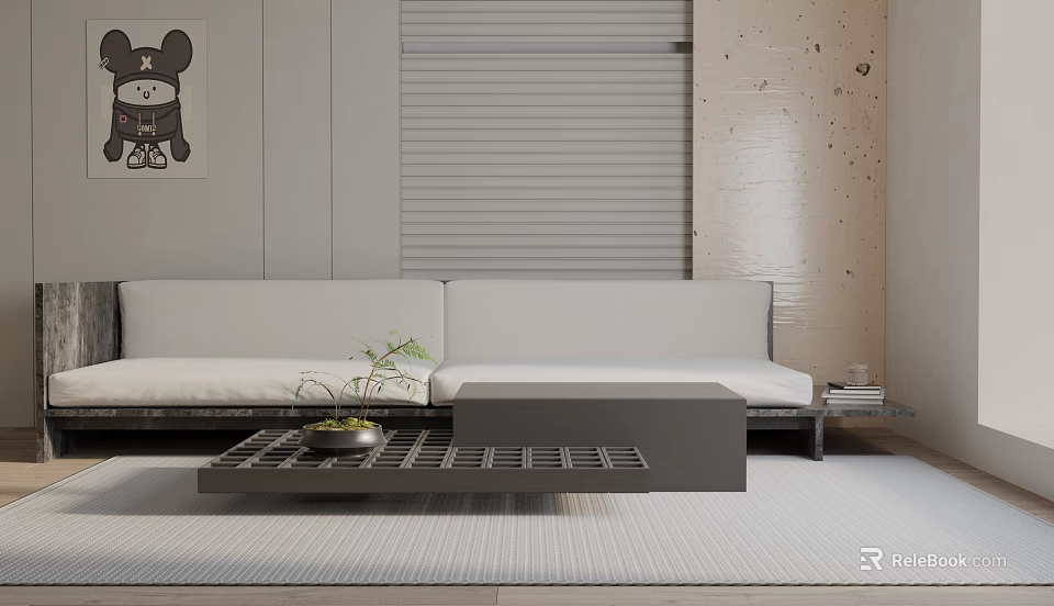 Modern White Sofa And Black Coffee Table Set With Green Plant Roller Blinds Cartoon Art 3d model 