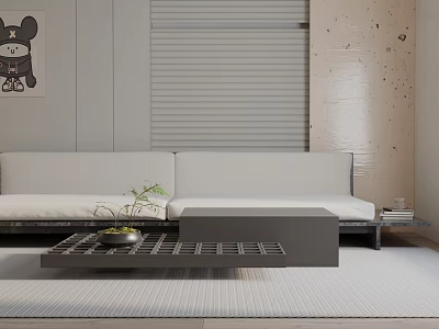 Modern White Sofa And Black Coffee Table Set With Green Plant Roller Blinds Cartoon Art 3d model