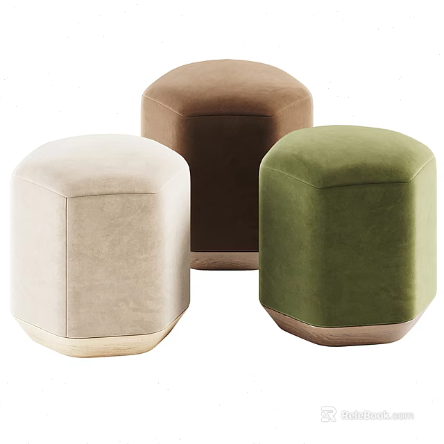 Hexagonal Velvet Sofa Stools in Beige Brown Green with Wooden Base 3d model 