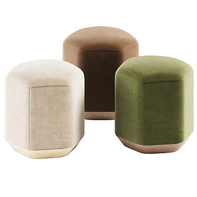 Hexagonal Velvet Sofa Stools in Beige Brown Green with Wooden Base 3d model