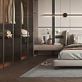 Elegant Modern Bedroom Interior With Minimalist Bed Wardrobe Window Rug And Ceiling Lights