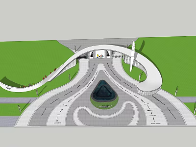 Modern Entrance Gate With Curved Structure Green Lawn Circular Fountain And Driveway Walkway 3d model